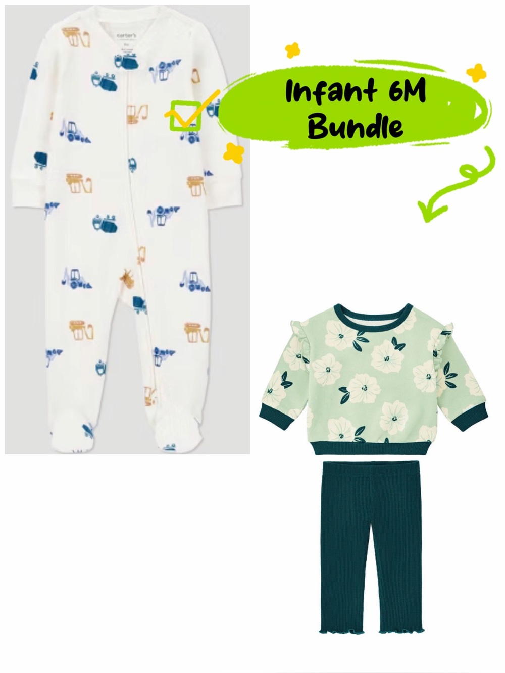BRAND NEW Infant 6M Carters & Member’s Mark 2 Piece Outfit Bundle